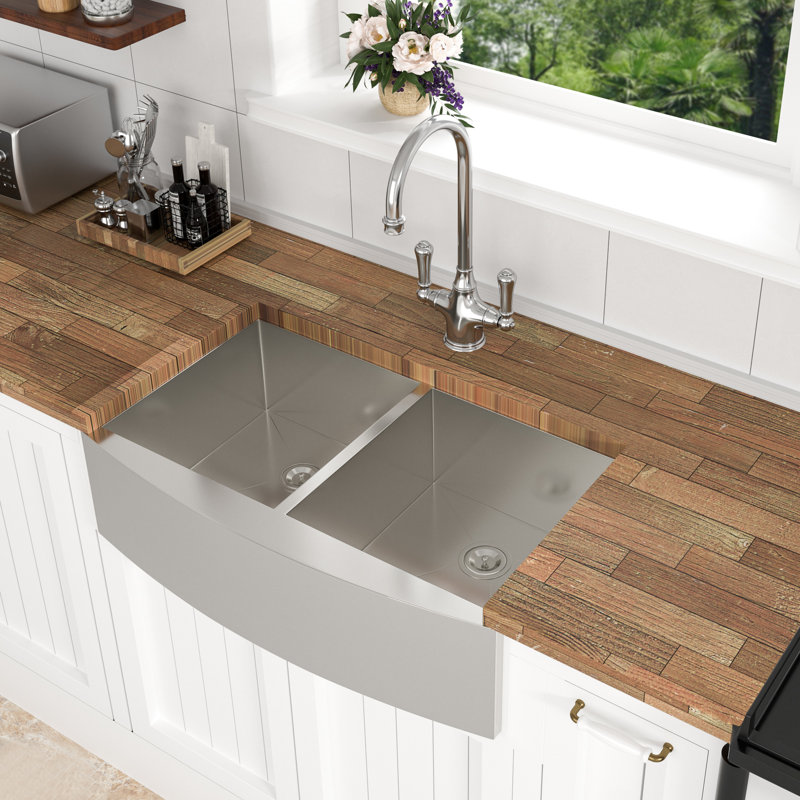 Évier de cuisine 36 pouces à double cuve 50/50 à tablier frontal en acier inoxydable T304 de calibre 16, 9 cuves profondes, drainage en forme de X avec nettoyage simple, enduit de condensation, installation et support de séchage inclus