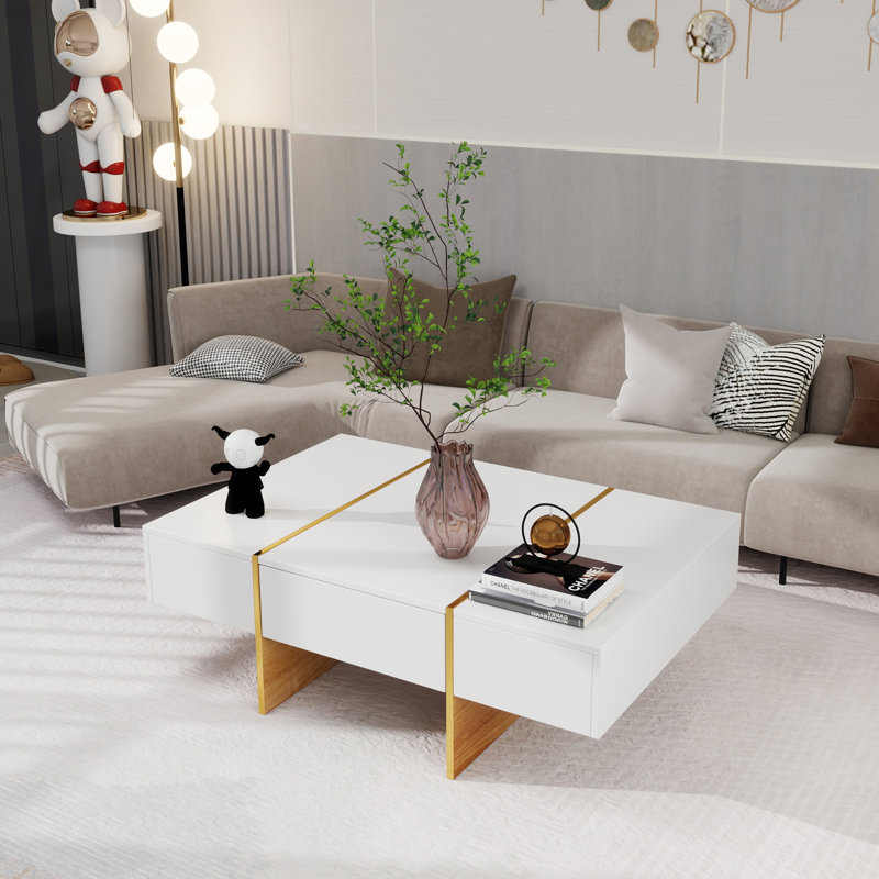 Table basse 47,2 po x 31,4 po minimaliste ultrabrillante avec 2 tiroirs, canapé rectangulaire multi-rangements avec pieds en grain de bois doré, table centrale moderne pour le salon, blanc