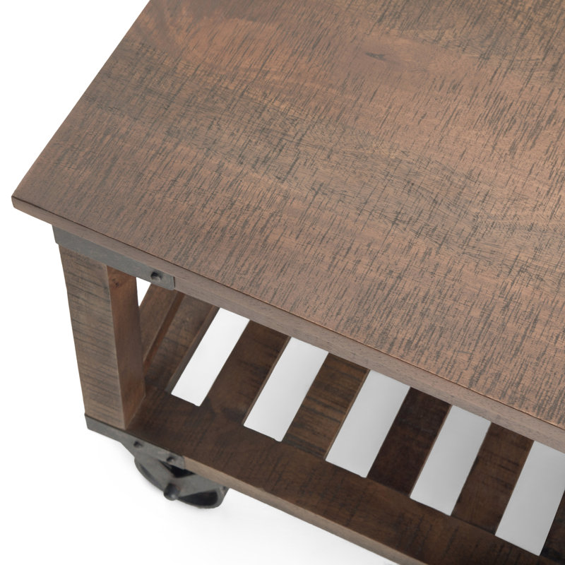 Harding 32"W Solid Mango Wood Industrial Square Coffee Table with Metal Accents, Open Shelf, and Iron Wheels