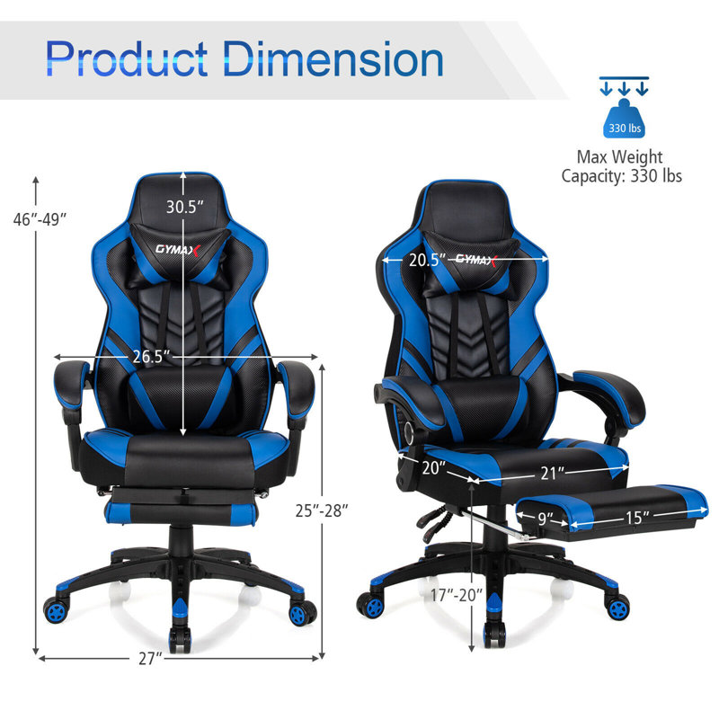 Gymax Adjustable Reclining Ergonomic Faux Leather Swiveling PC & Racing Game Chair with Footrest, Blue