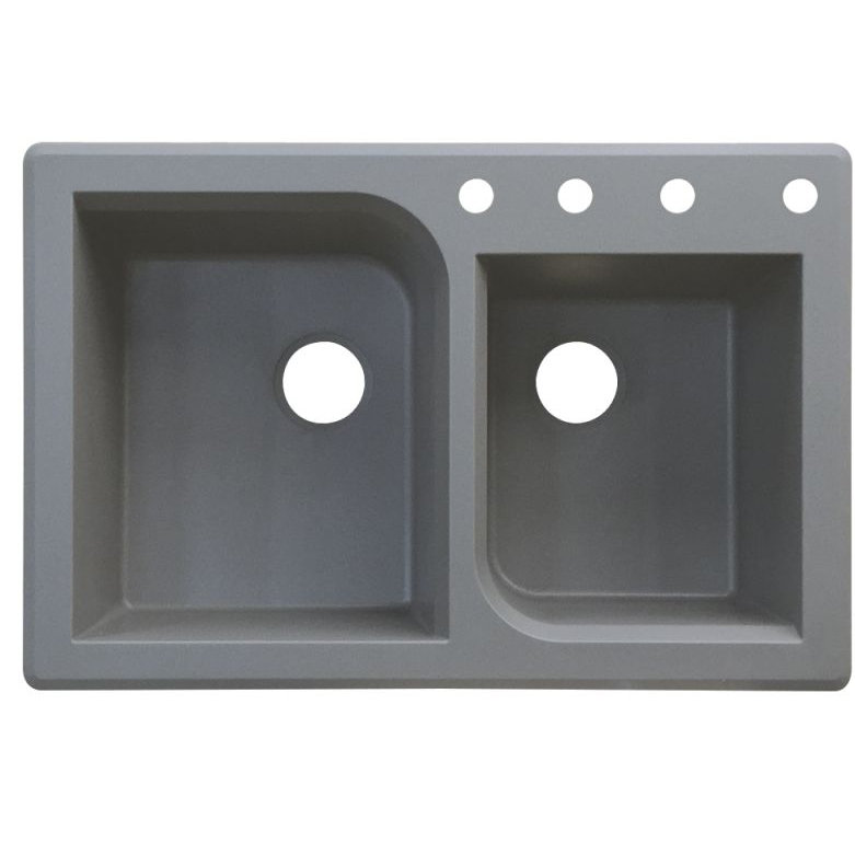 Radius 33.0625'' L Double Bowl Granite Kitchen Sink, 4 hole, Gray