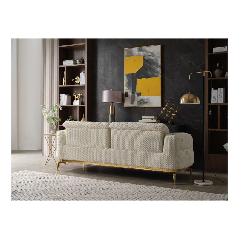 Canapé de style moderne Zoe en bois et accents dorés, Crème, crème