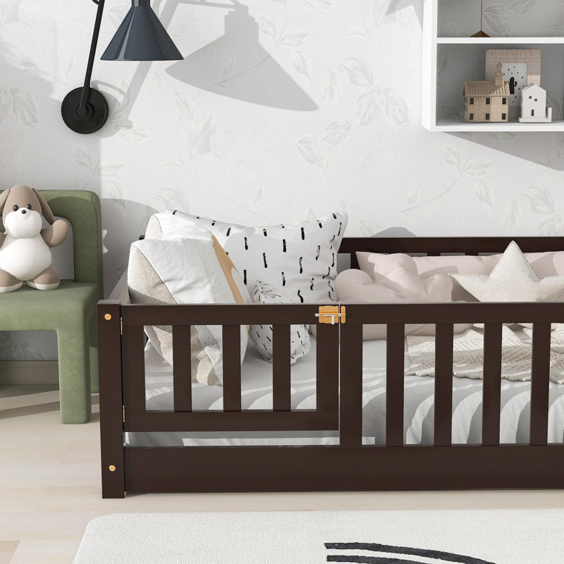 Twin Size Floor Bed with Fence and Door,Rubber Wood Floor Bed with Safety Guardrails,Espresso, Twin, Espresso