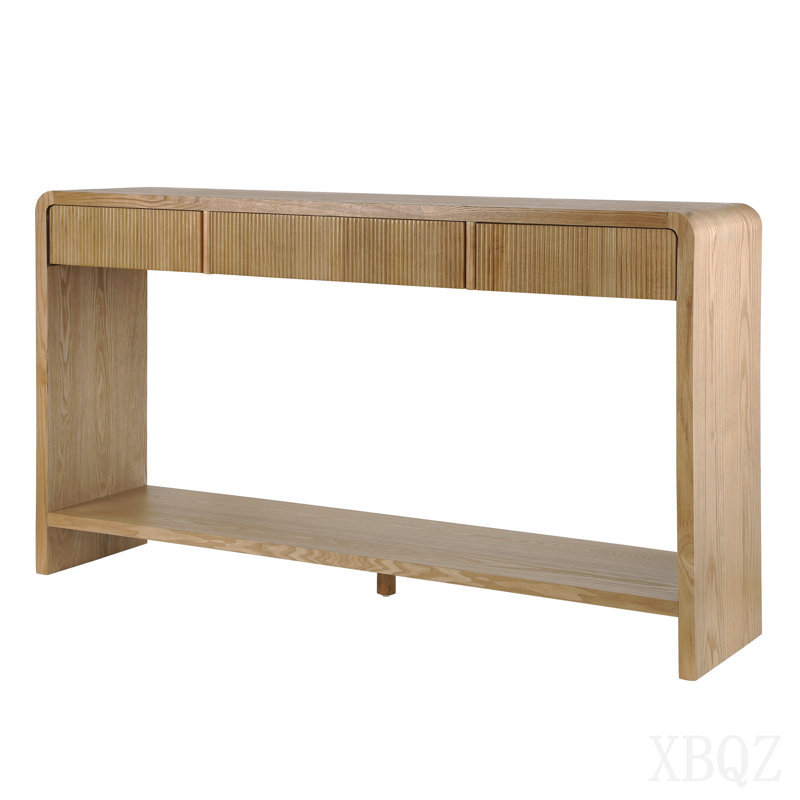 Console moderne à 3 tiroirs avec lattes verticales, conception à bord arrondi, parfaite pour le vestibule, le couloir ou derrière le canapé