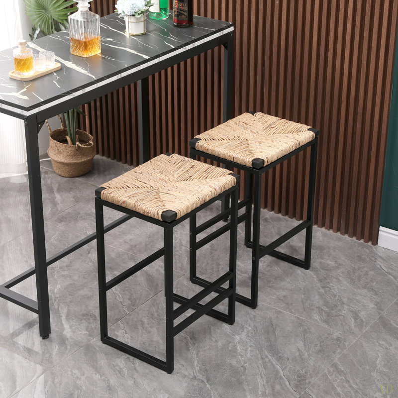 Set Of 2 Water Hyacinth Woven Bar Stools For Kitchen Counter Water Hyacinth Grass Backless Barstools With Footrest (Water Hyacinth Backless)