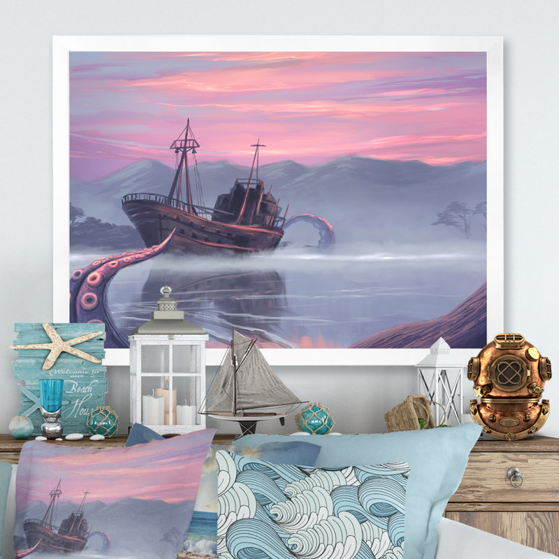 «Video Old Fantasy Abandonné Ship Kraken», impression sur toile flottante, H 24 po x l 36 po x P 1 po, Cadre photo blanc