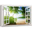 Fenêtre, paysage, palmiers verts tropicaux sur la plage, images côtières, impression sur toile-98466526