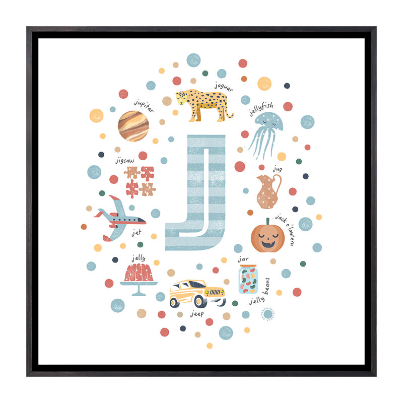 Lettre illustrée J bleue - impression, H 26 po x l 26 po x P 1,5 po, Toile avec cadre noir patiné, Pas de tapis