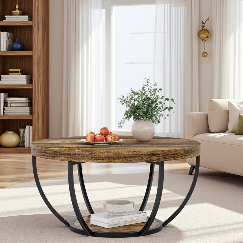 Table basse ronde, table basse à 2 niveaux 31,7 po, Brun, Noir