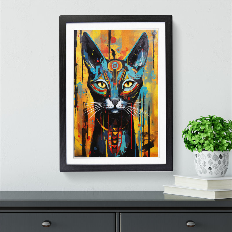 Egyptian Cat Action - Single Picture Frame Print on Wood, 64cm H x 46cm W, Black Framed