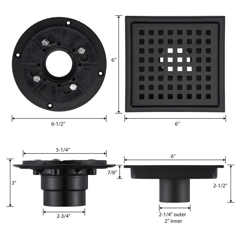 Drain de plancher de douche 6 po x 6 po, Noir mat