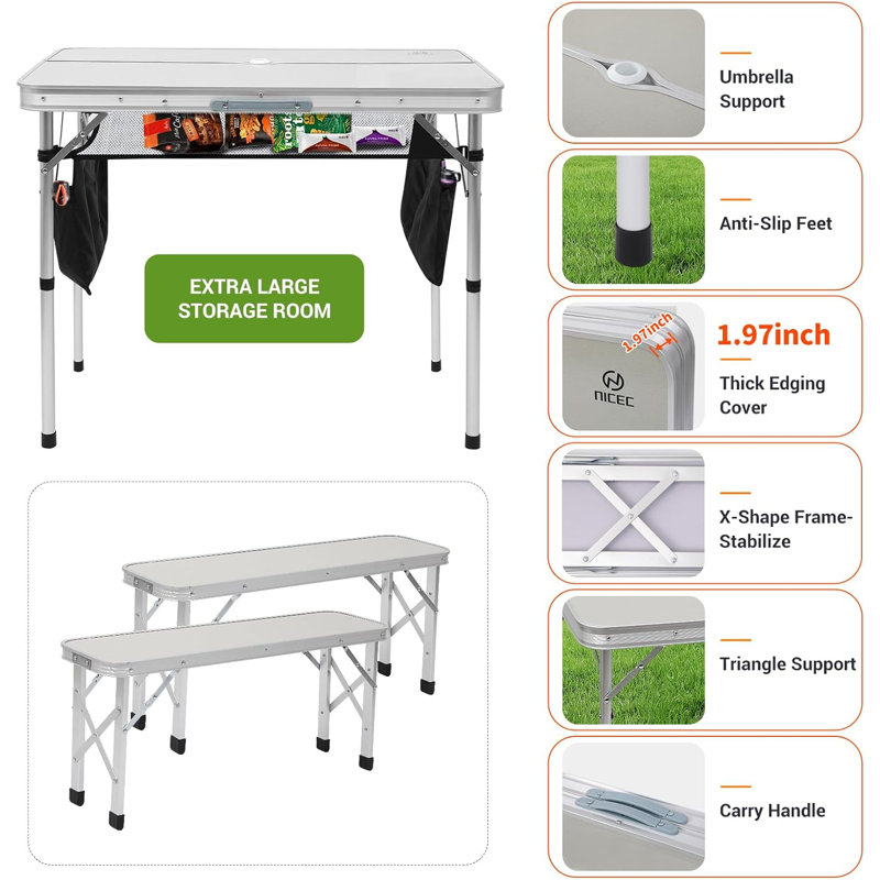 Rectangular Wood Metal Folding Outdoor Picnic Table With Umbrella Hole , 35.5'' in. W 23.63'' in. D