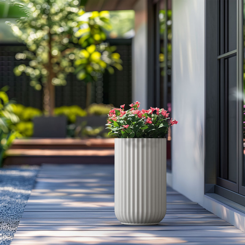 (Enhanced Interior) Concrete Round Planter / Pot With Drainage Holes, 21" H x 14" W x 14" D, Crisp White