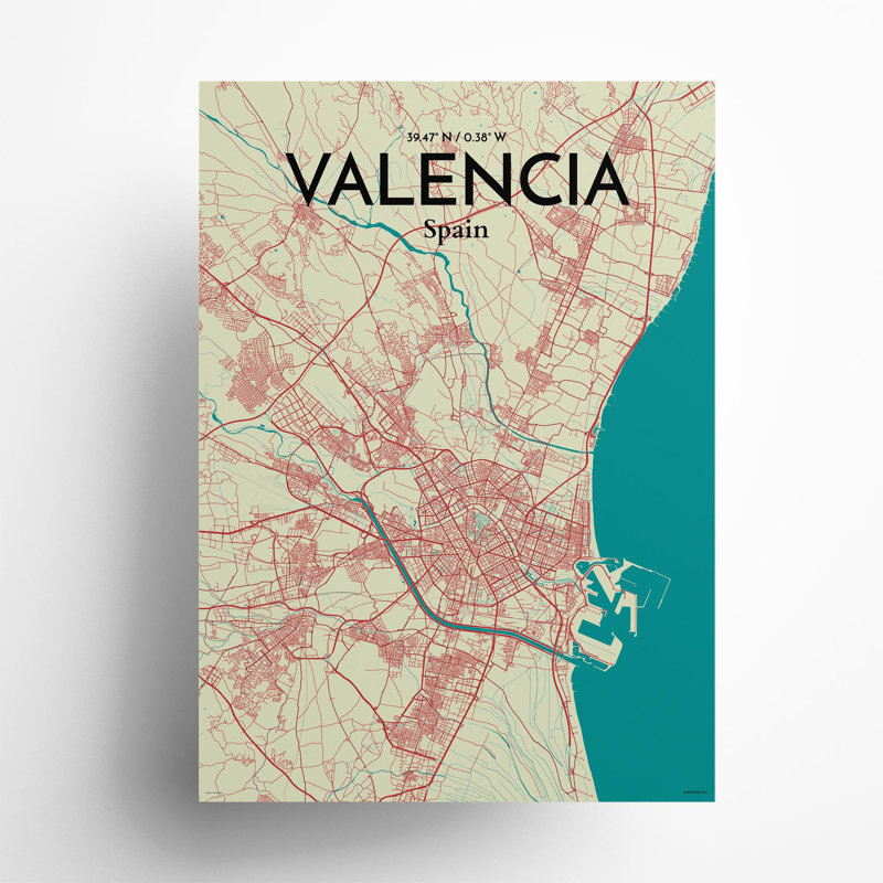 Valencia, carte de la ville, impression, H 27,6 po x l 19,7 po, Vert / beige