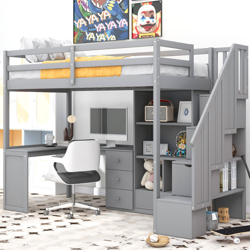 Lit mezzanine simple avec bureau en L et tiroirs, armoire et escalier de rangement, gris