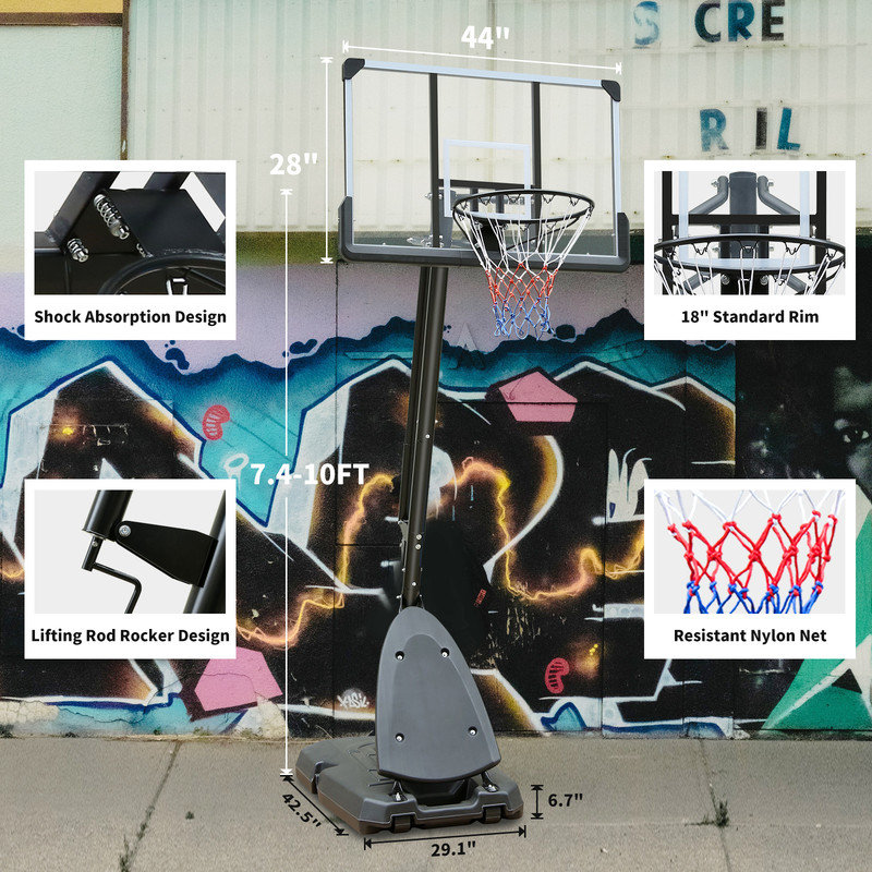 Panier de basketball extérieur 7,5 à 10 pi, panneau arrière 44 po, portable avec roues