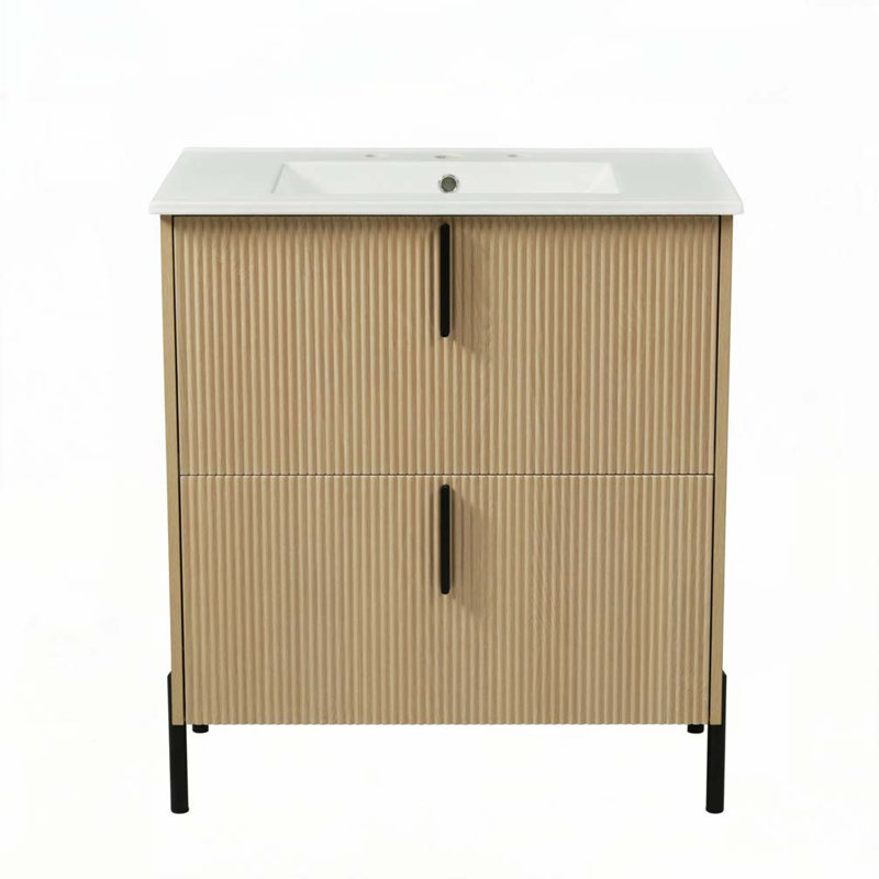 Meuble-lavabo de salle de bain avec lavabo en céramique et tiroirs pleine extension, Naturel
