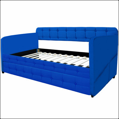 BLUE UPHOLSTERED TWIN SIZE DAYBED WITH TRUNDLE, VELVET FABRIC