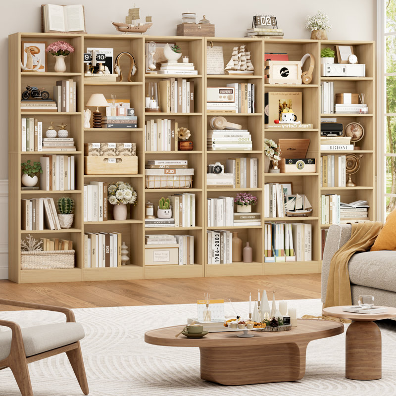 Ensemble de 2 grandes bibliothèques de rangement en bois de 74 po x 59 po x H 74 po, Natural