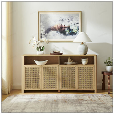 Buffet Mid-Century moderne en rotin avec rangement spacieux, pour le salon, le vestibule et la cuisine.