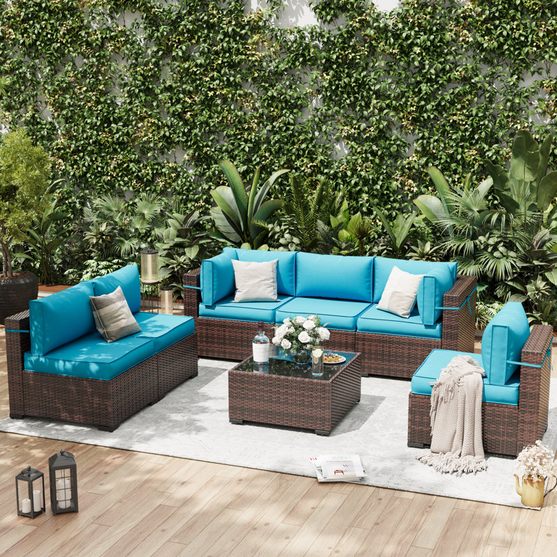 Ensemble de conversation modulaire en rotin 7 pièces avec coussins 7 pièces, Bleu ciel