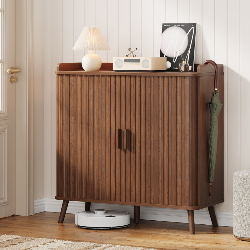 24 Pair Shoe Storage Cabinet With Sliding Doors And Adjustable Shelves, Walnut