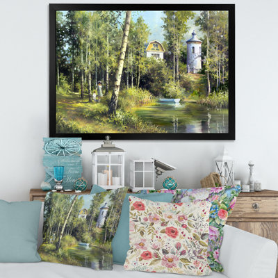 La rivière en bois sur un déclin par le château - peinture sur toile