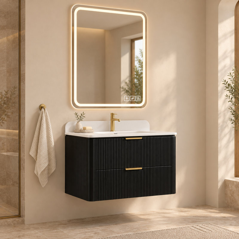 Ensemble de vanité suspendue en chêne naturel de 76 cm avec lavabo intégré et miroir de courtoisie à DEL de 81 x 102 cm.