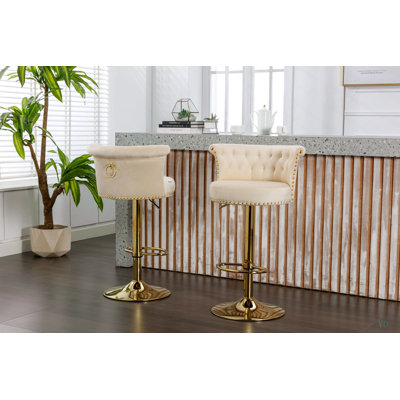 Chaise de bar rotative en velours à 360 °, dossier fabriqué à la main avec hauteur réglable en un clic, chaise de salle à manger très moelleuse, chaise de bar moderne sur îlot de cuisine, café 2 pièces / ensemble