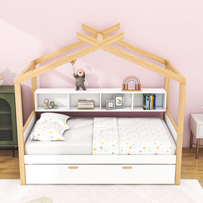 Twin Wooden House Bed With Trundle And Shelves by Harper Orchard