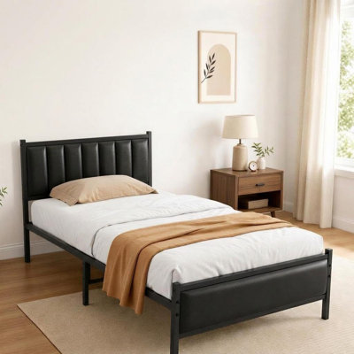Single Platform Bed Frame with Upholstered Headboard, No Box Spring | Single Platform Bed Frame with Upholstered Headboard, No Box Spring