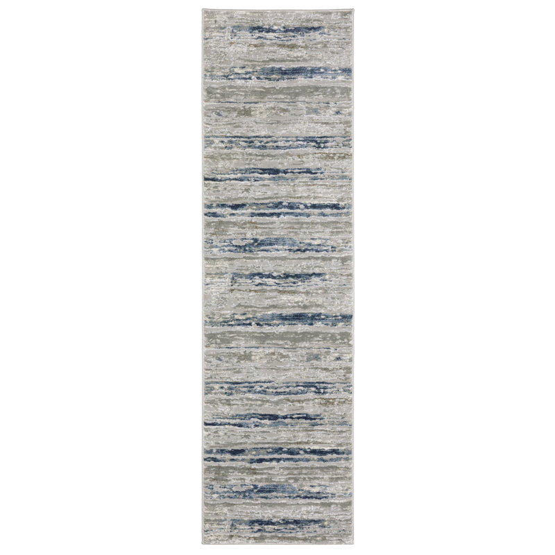 Abstract Stripes Machine Woven Area Rug in Blue and Gray, Runner 2'3" x 7'6"