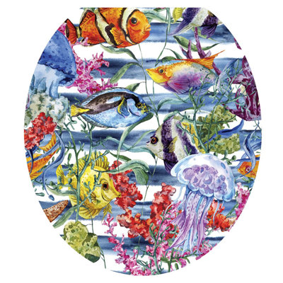Adhésif décoratif pour siège de toilette Coastal Ocean Fish - housse de couvercle en vinyle antidérapant réutilisable
