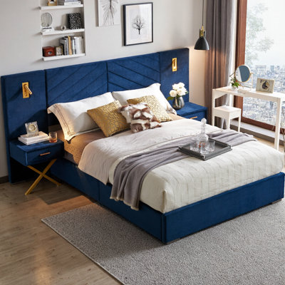 Queen Size Velvet Bed Frame with Vertical Channel Tufted Wingback Headboard, Upholstered Platform Bed with LED Lights & Wooden Slats, No Box Spring Needed