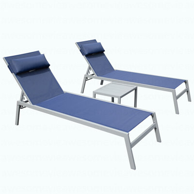 Ensemble de 3 chaises longues de patio, chaises longues de piscine en aluminium avec table d'appoint, fauteuil inclinable d'extérieur réglable pour la piscine, la plage, la cour et le balcon (bleu marine)