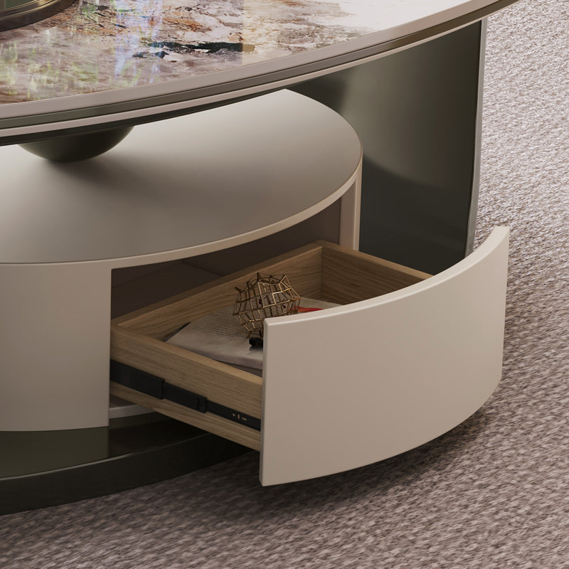 Table basse ovale moderne en faux marbre de 55 po avec base traîneau et tiroir de rangement, plateau en pierre frittée, table centrale d'inspiration rétro
