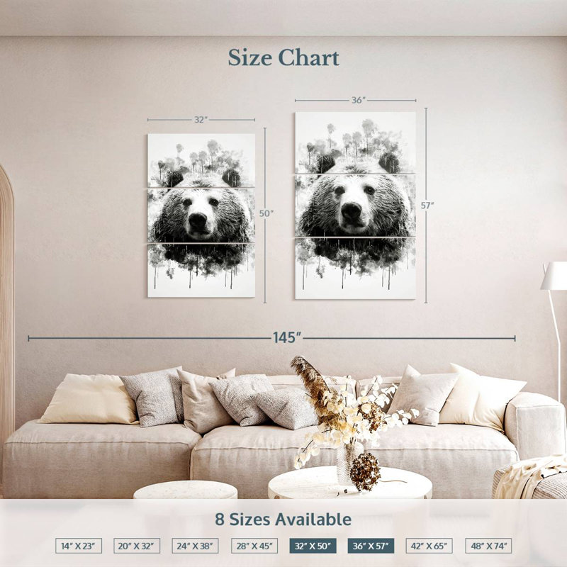 Tête d'ours noir et blanc, H 50 po x l 32 po