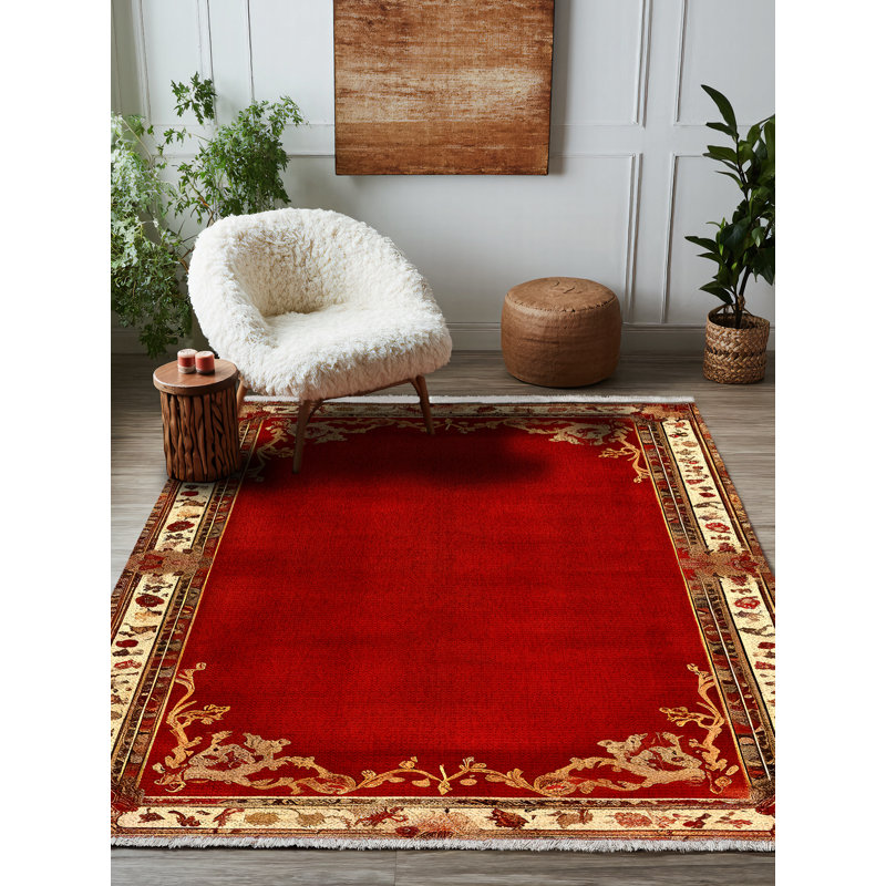 Tapis oriental rouge en polyester imprimé à la machine Susan, Rond 3 pi 4 po