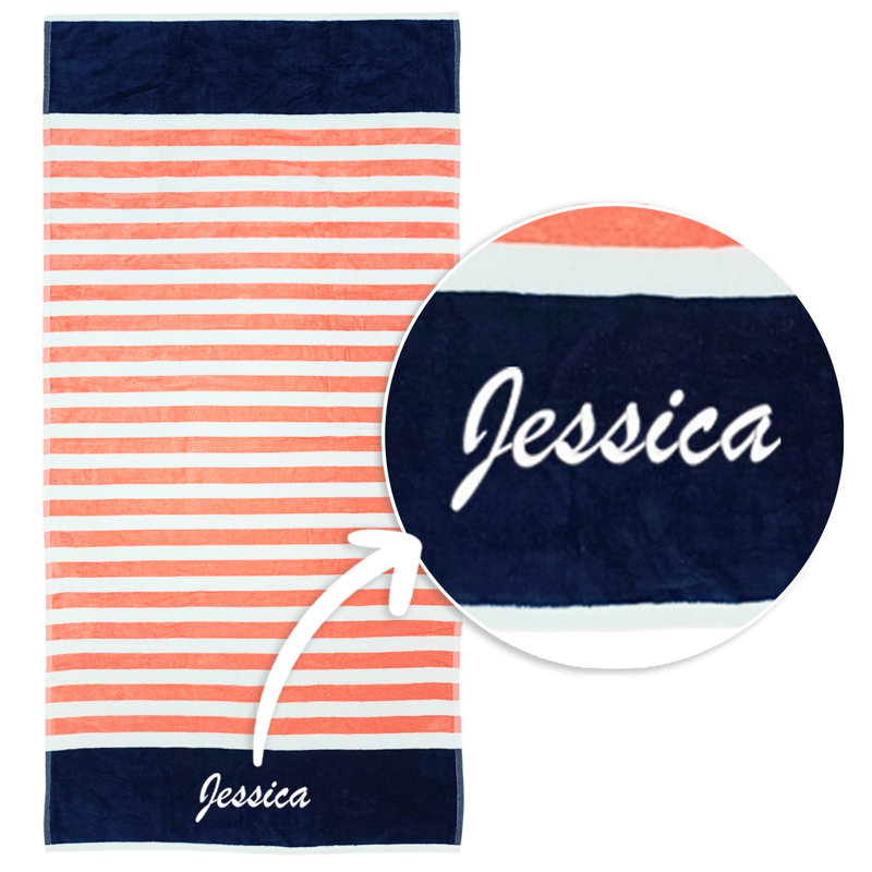 Serviettes de plage personnalisées brodées, 100% coton, velours et surdimensionnées 35 po x 70 po, Marine, Oui