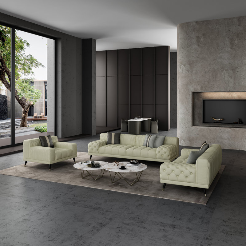 3 Pieces Outlander Sofa Set Off White Italian Leather, Off White