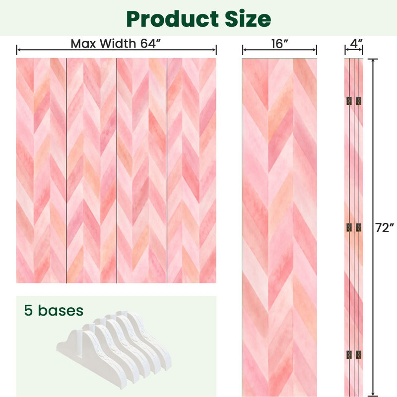 Cloison pliante 4 panneaux à paravents à l'aquarelle rose pastel avec toile à chevrons géométrique, 4