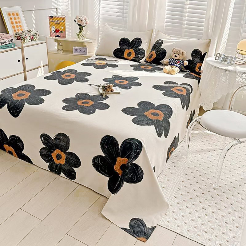 Grid Sheet Set 4 PCs Bedding Sheet Set 1 Fitted Sheet 1 Flat Sheet 2 Pillowcases, Black Floral