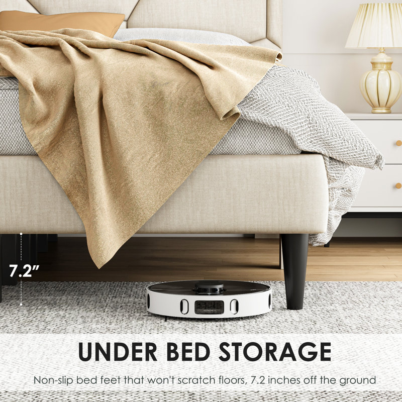 Structure de lit double beige, sans bruit, sommier tapissier, avec tête de lit en lin solide et stable, Lit double