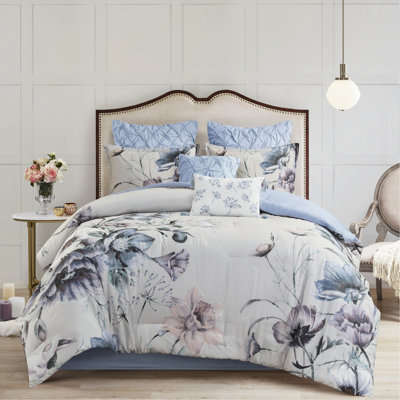 Édredon pour très grand lit - Imprimé en coton bleu, chambre chic chic, brodé et détails, édredon 8 pièces, imprimé en coton, décor avec jupe de lit