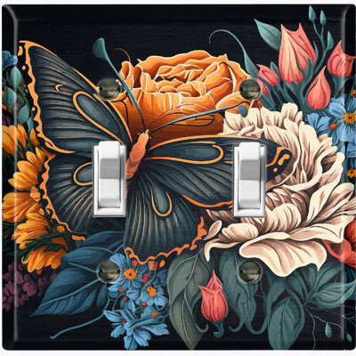 Dark Green Butterfly Flowers Nature Themed 2 - Gang Toggle Light Switch Standard Wall Plate
