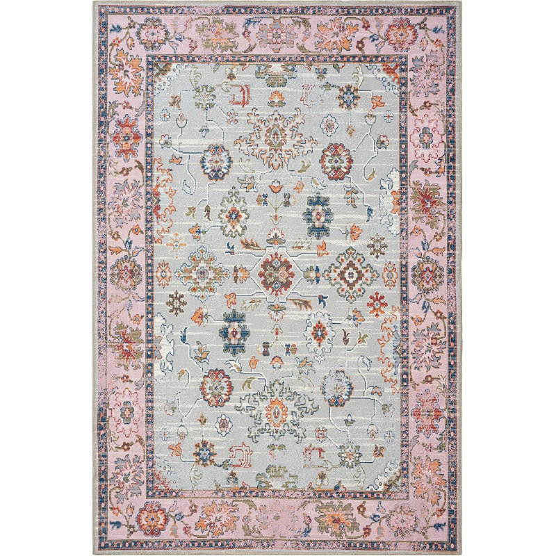 GLN Rugs Traditional Collection - Machine Washable Area Rug, Traditional Washable Rug, Non Slip Washable Rug, Low Pile Chenille Living Room Rug, Bedroom Rug, Kitchen Rug (Pink and Gray Rug)