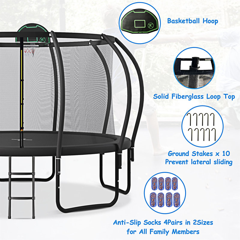 14 ft Black Round Kids' Trampoline with Enclosure