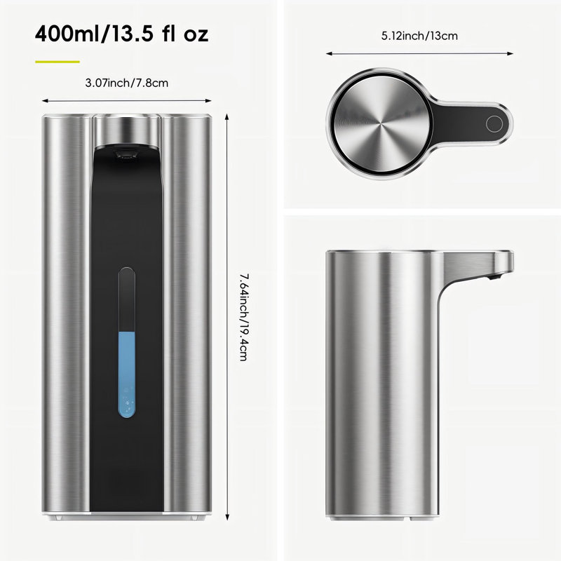 Distributeur de savon liquide automatique sans contact de 400 ml (13,5 oz liq.), distributeur de savon pour les mains et la vaisselle rechargeable pour la salle de bain et la cuisine, étanche, contrôle du volume réglable, (acier inoxydable)