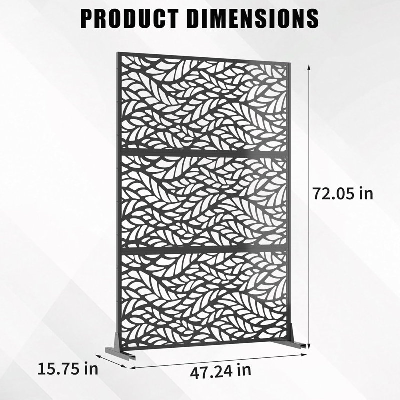 Freestanding Metal Privacy Screen, Laser Cut Decorative Garden Fence Panel with Stand, Rustproof Galvanised Steel Divider, 183x120cm, Black, Leaf Pattern