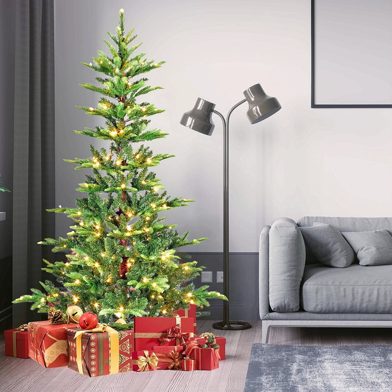 Arbre de Noël de 7 pi avec 400 lumières DEL blanc chaud, 960 pointes en PE + PVC, fil à mémoire à dépliage automatique, structure à charnières et support en métal stable - arbre de Noël facile à assembler